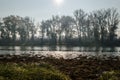 Panoramic view of the swampy shore with the morning mist Royalty Free Stock Photo