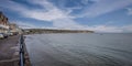 Panoramic view of Swanage beach and Bay from The Parade in Swanage, Dorset, UK