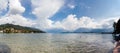 Panoramic view of Swiss Alps and Thun lake, springtime