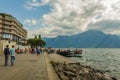 Panoramic view on swiss promenade, alpine riviera and Lake Geneva landscape in Montreux city in SWITZERLAND Royalty Free Stock Photo