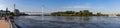 Panoramic view of swollen Missouri River at Omaha Riverfront forming an internal sea