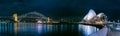 Panoramic view of the Sydney bridge and the Opera House at night. Royalty Free Stock Photo