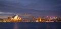 Anoramic view of Sydney cityscape at dusk across Harbour from botanic garden view