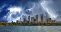 Panoramic view of Sydney Harbour and Downtown skyline during a storm, New South Wales - Australia Royalty Free Stock Photo