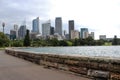 Panoramic view of Sydney skyline and bay. Farm Cove Bay - with its Botanic Gardens and Sydney skyline in the background Royalty Free Stock Photo