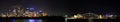 Panoramic view of the Sydney skyline, including the Harbor Bridge and Opera House at night