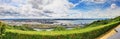 Panoramic view of Tacoma city from wooden deck