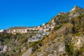 Taormina shore at Ionian sea with Castello Saraceno castle and Giardini Naxos town in Messina region of Sicilty in Italy Royalty Free Stock Photo