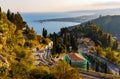 Panoramic view of Taormina shore at Ionian sea with Giardini Naxos and Villagonia towns in Messina region of Sicily in Italy Royalty Free Stock Photo