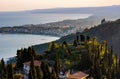 Panoramic view of Taormina shore at Ionian sea with Giardini Naxos and Villagonia towns in Messina region of Sicily in Italy Royalty Free Stock Photo