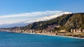 Taormina shore at Ionian sea with Giardini Naxos and Villagonia towns and Mount Etna in Messina region of Sicily in Italy Royalty Free Stock Photo
