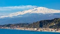 Taormina shore at Ionian sea with Giardini Naxos and Villagonia towns and Mount Etna in Messina region of Sicily in Italy Royalty Free Stock Photo