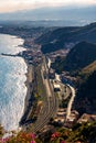 Taormina shore at Ionian sea with Giardini Naxos and Villagonia towns and Mount Etna in Messina region of Sicily in Italy Royalty Free Stock Photo