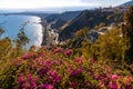 Taormina shore at Ionian sea with Giardini Naxos and Villagonia towns and Mount Etna volcano in Messina region of Sicily in Italy Royalty Free Stock Photo