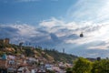 Panoramic view of Tbilisi Old Town with Narikala Fortress, Georgia. Summer day time. air tram cabins Royalty Free Stock Photo