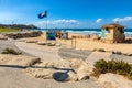 Panoramic view of Tel Aviv Mediterranean coastline with Charles Clore beach and Old City of Jaffa in Tel Aviv Yafo, Israel