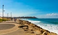 Panoramic view of Tel Aviv Mediterranean coastline with Charles Clore and Etzel park and Old City of Jaffa Tel Aviv Yafo, Israel