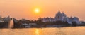 Panoramic view of Telangana state secretariat building in India along Hussain Sagar lake during sunset