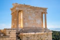 Panoramic view of Temple of Athena Nike at Propylaea, monumental gateway to the Acropolis complex atop Acropolis hill in Athens,