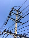 Panoramic view of a terrifying dark thunderstorm approachingHigh voltage electric transformer in a power substation above the towe