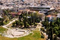 Panoramic view of Theatre of Dionysos ancient Greek theater at slope of Acropolis hill with Acropolis Museum and metropolitan