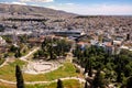 Panoramic view of Theatre of Dionysos ancient Greek theater at slope of Acropolis hill with Acropolis Museum and metropolitan