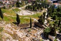 Panoramic view of Theatre of Dionysus or Dionysos ancient stone Greek theater at slope of Acropolis hill in Athens, Greece,