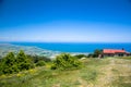 Panoramic view of Thermaikos Gulf of Aegean sea and Khalkidiki or Halkidiki peninsula seen from Olympus mountains near building of Royalty Free Stock Photo