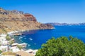 Panoramic view of Thirasia island coast and port and Santorini Greece
