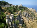 Panoramic view of three ancient fortresses of Erice town, Sicily, Italy