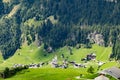 Panoramic view from the Timmelsjoch high alpine road in Texelgruppe to village of Moos in Passeier region, Oetztal Alps, Tyrol,