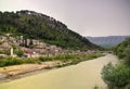 Panoramic view to Berat old town and Kisha e Shen Mehillit aka St. Michael church, Berat, Albania Royalty Free Stock Photo