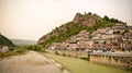 Panoramic view to Berat old town and Kisha e Shen Mehillit aka St. Michael church, Berat, Albania