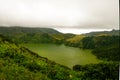 Panoramic view to Caldeira Funda lake at Flores island, Azores. Portugal Royalty Free Stock Photo