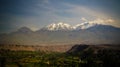 Panoramic view to Chachani mountain and Arequipa city from Yanahuara viewpoint in Arequipa, Peru