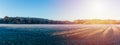 Panoramic view to czech winter landscape. Frozen meadow with trees Royalty Free Stock Photo
