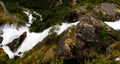 Panoramic view to kleivafossen waterfall at briksdalselva river, Briksdalsbreen glacier, Norway Royalty Free Stock Photo