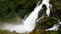 Panoramic view to kleivafossen waterfall at briksdalselva river, Briksdalsbreen glacier, Norway Royalty Free Stock Photo