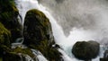 Panoramic view to kleivafossen waterfall at briksdalselva river, Briksdalsbreen glacier, Norway Royalty Free Stock Photo