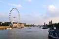 Panoramic View to London Eye, Thames river and City of London at sunny sunset. Royalty Free Stock Photo