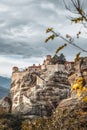 Panoramic view to Meteora Monasteries near Kalambaka village Thessaly Greece pilgrimage tourism Royalty Free Stock Photo