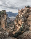 Panoramic view to Meteora Monasteries near Kalambaka village Thessaly Greece pilgrimage tourism Royalty Free Stock Photo