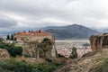 Panoramic view to Meteora Monasteries near Kalambaka village Thessaly Greece pilgrimage tourism Royalty Free Stock Photo