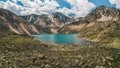 Panoramic view to mountain lake on background of mountains. Atmospheric green landscape with lake in high mountain valley. Great Royalty Free Stock Photo