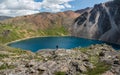 Panoramic view to mountain lake on background of mountains. Atmospheric green landscape with lake in high mountain valley. Great Royalty Free Stock Photo