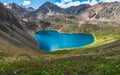 Panoramic view to mountain lake in the shape of a heart. Atmospheric green landscape with lake in high mountain valley. Great Royalty Free Stock Photo