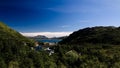 Panoramic view to Napp village and Skjellsteinvika bay at Flakstadoya Island, Lofoten, Norway Royalty Free Stock Photo