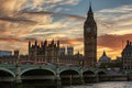 Panoramic view to the Parliament of London at Westminster with the Big Ben clocktower during sunset Royalty Free Stock Photo