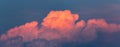 Panoramic view to pink sunset cumulus cloud on blue summer sky. Nature background