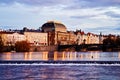 Panoramic view to the Prague National Theater and Legii bridge on the Vltava